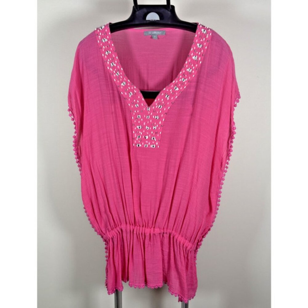 NY Collection Pink Embellished Blouse Top Swimsuit Cover Vacation Beach Pool XL